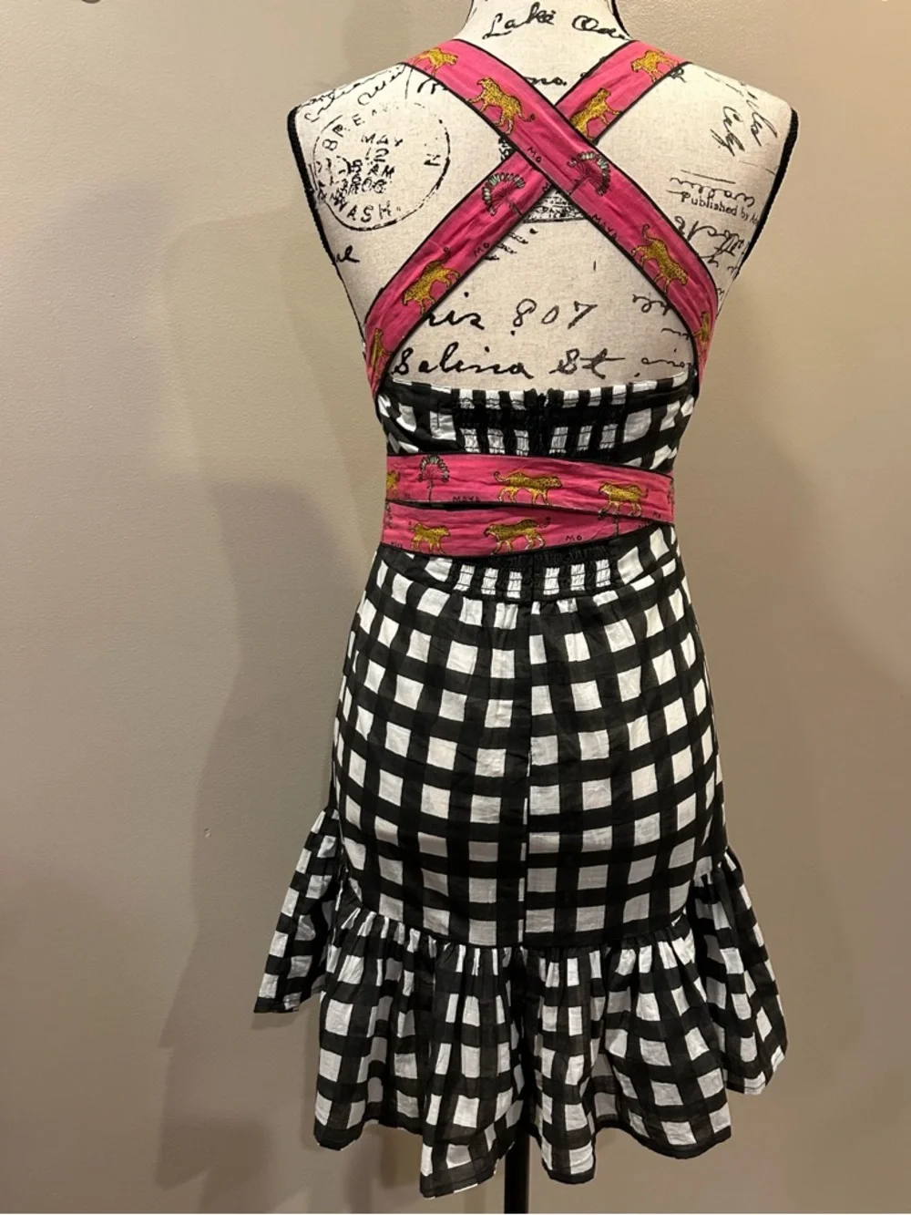 Mo Maya Luna Check and Leopard Print Strap Square Neckline Sleeveless Mini Dress - Picture 14 of 16